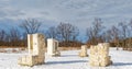 functioning above ground drinking fountains set in coral rock in Winter snow