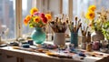 artist\'s table, paints, brushes window hobby sunlight painter work palette design