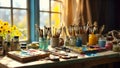 artist\'s table, paints, brushes window sunlight