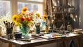artist\'s table, paints, brushes window hobby sunlight painter work palette design color