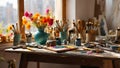 artist\'s table, paints, brushes window studio hobby sunlight painter work palette design color