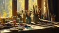 artist\'s table, paints, tool equipment education comfortable painter work palette design color