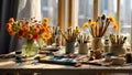artist\'s table, paints, tool equipment studio hobby comfortable painter work palette design color