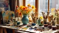 artist\'s table, paints, tool window studio hobby comfortable painter work palette design color