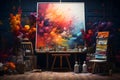 Artist\'s workplace with oil paint on canvas. Art concept. 3D Rendering with copy space