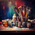 Artist\'s workshop. Art supplies, paint, brushes in front of the dark wall. Royalty Free Stock Photo