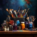 Artist\'s workshop. Art supplies, paint, brushes in front of the dark wall. Royalty Free Stock Photo