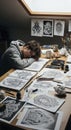 Artist sleeping at desk with sketches Royalty Free Stock Photo