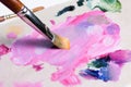 The artist squeezed the paint onto the palette and mixes the pink paint with a synthetic brush Royalty Free Stock Photo