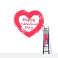 Artist on the stairs draws big red heart on wall. Royalty Free Stock Photo