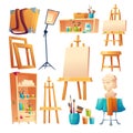 Artist studio, art classroom stuff cartoon set