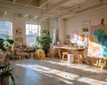 Artist Studio with Paintings and Plants Royalty Free Stock Photo