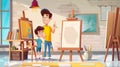 The artist studio scene shows a child working with the aid of his teacher, a student boy creating a plaster head on Royalty Free Stock Photo