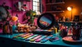 Artist table displays vibrant collection of colorful paint equipment generated by AI