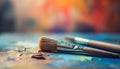 Artist table messy palette, vibrant colors, close up of paintbrush generated by AI