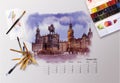 Architectural calendar 2021. Artist table up, watercolor illustration Dresden, Germany.