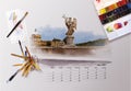 Architectural calendar 2021. Artist table up, watercolor illustration Vatican city, Italy.