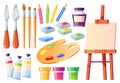 Artist tools, brushes, palette, easel and paints