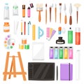 Artist tools vector watercolor with paintbrushes palette for color paints on canvas for artwork in art studio