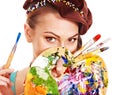 Artist woman with paint palette. Royalty Free Stock Photo
