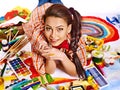 Artist woman with paint palette. Royalty Free Stock Photo