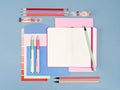 Artist workplace with colour swatch and stationary. Royalty Free Stock Photo