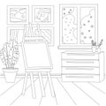 Artist workshop, workspace, desktop coloring page for kids and adults, simple vector illustration