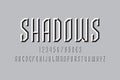 Artistic abstract display font of shadows. White black angular letters, numbers and currency signs. Isolated english alphabet.