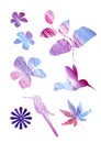 Artistic hand made Watercolor bird and floral elements on a white background. Purple, pink, blue and violet colors