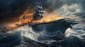 Artistic Aircraft Carrier Rolling Waves Dramatic Watercolor Background
