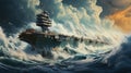 Artistic Aircraft Carrier Rolling Waves Dramatic Watercolor Background
