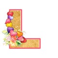 Artistic alphabet, letter L illustration with summer bouquet leaves and flowers, ane hearts, elegant and romantic font