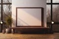 Artistic ambiance Mockup with large wooden frame, illuminated by window