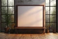 Artistic ambiance Mockup with large wooden frame, illuminated by window Royalty Free Stock Photo