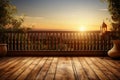 Artistic ambiance Wood panel, Tuscan balcony, and golden sunset glow