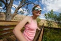 Artistic angle of a young woman tourist enjoying the scenery at Red Rock Canyon National Conservation Area