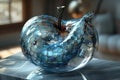 Artistic apple with blue glassy checkered design. Generative AI