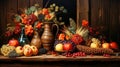 Artistic autumnal arrangement with fruits, flowers, and warm lighting. Generative AI Royalty Free Stock Photo