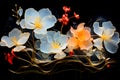 arrangement of flowers with translucent petals in shades of white, orange, and blue, set against a dark, smoke-like Royalty Free Stock Photo