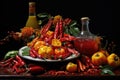 artistic arrangement of hot sauce and chili peppers Royalty Free Stock Photo