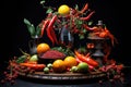 artistic arrangement of hot sauce and chili peppers Royalty Free Stock Photo