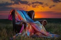 artistic arrangement of a multicolored silk scarf over a leather chair at sunset