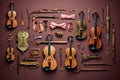 artistic arrangement of musical saws and bows