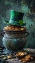 St. Patrick\'s Day symbols. Leprechaun top hat, shamrock, vintage pot with gold coins. AI Generated Royalty Free Stock Photo