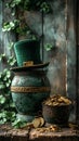 St. Patrick\'s Day symbols. Leprechaun top hat, shamrock, vintage pot with gold coins. AI Generated Royalty Free Stock Photo