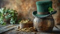 St. Patrick's Day symbols. Leprechaun top hat, shamrock, vintage pot with gold coins. AI Generated Royalty Free Stock Photo