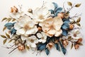An artistic arrangement of white and cream flowers with teal and brown leaves against a white backdrop. conveys elegance