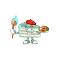 Artistic Artist of vanilla slice cake cartoon character painting with a brush