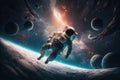 artistic astronaut floating in weightless environment with view of distant planets and stars