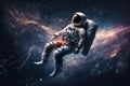 artistic astronaut, floating in zero gravity, with view of distant galaxies and stars